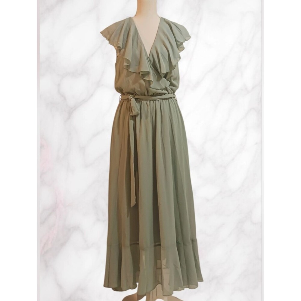Ruffle Maxi Dress Elastic Waist All-Season Formal V-neck Light Sage Green M